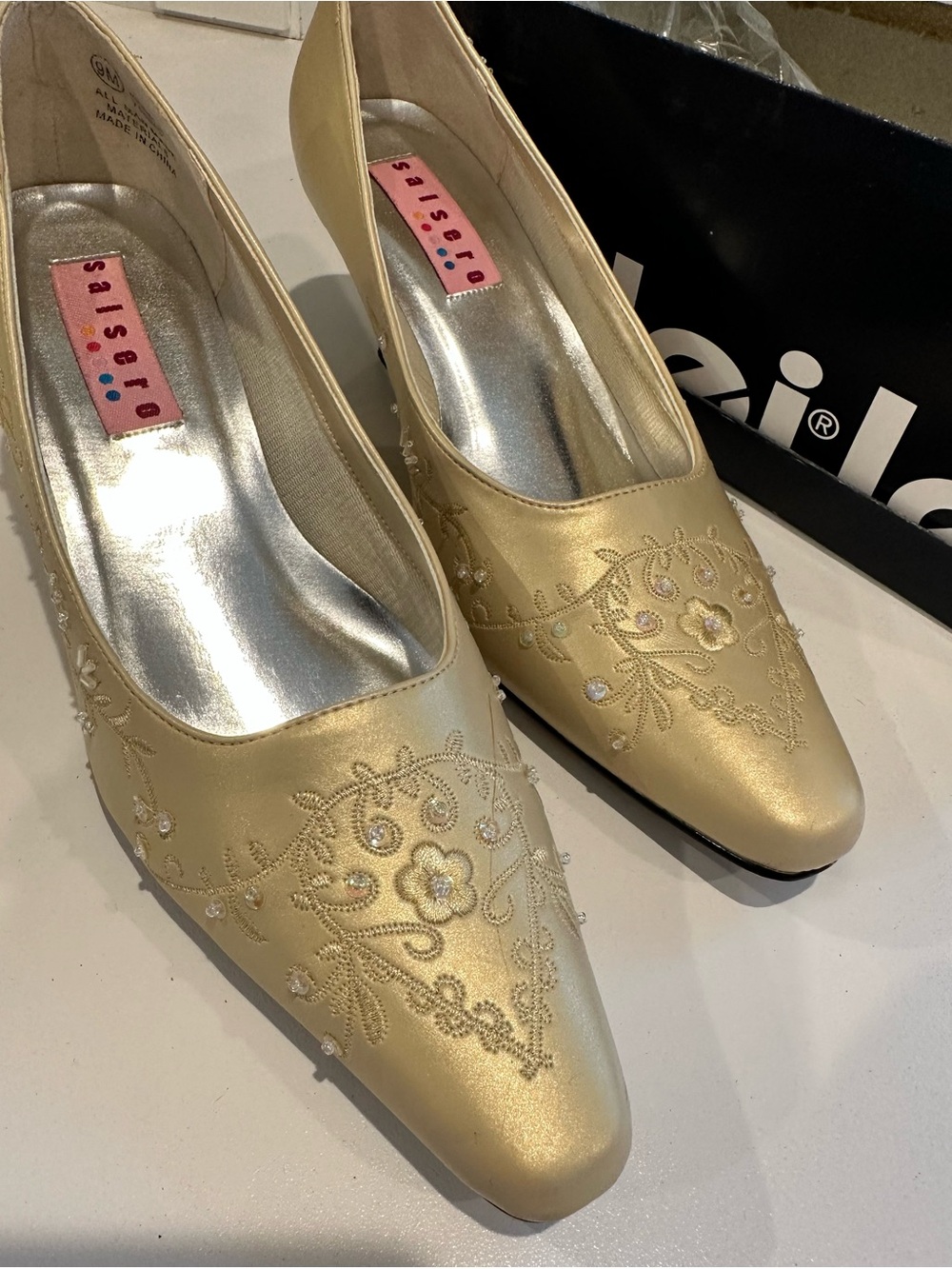 Saisera Gold Embroidered Satin Heels